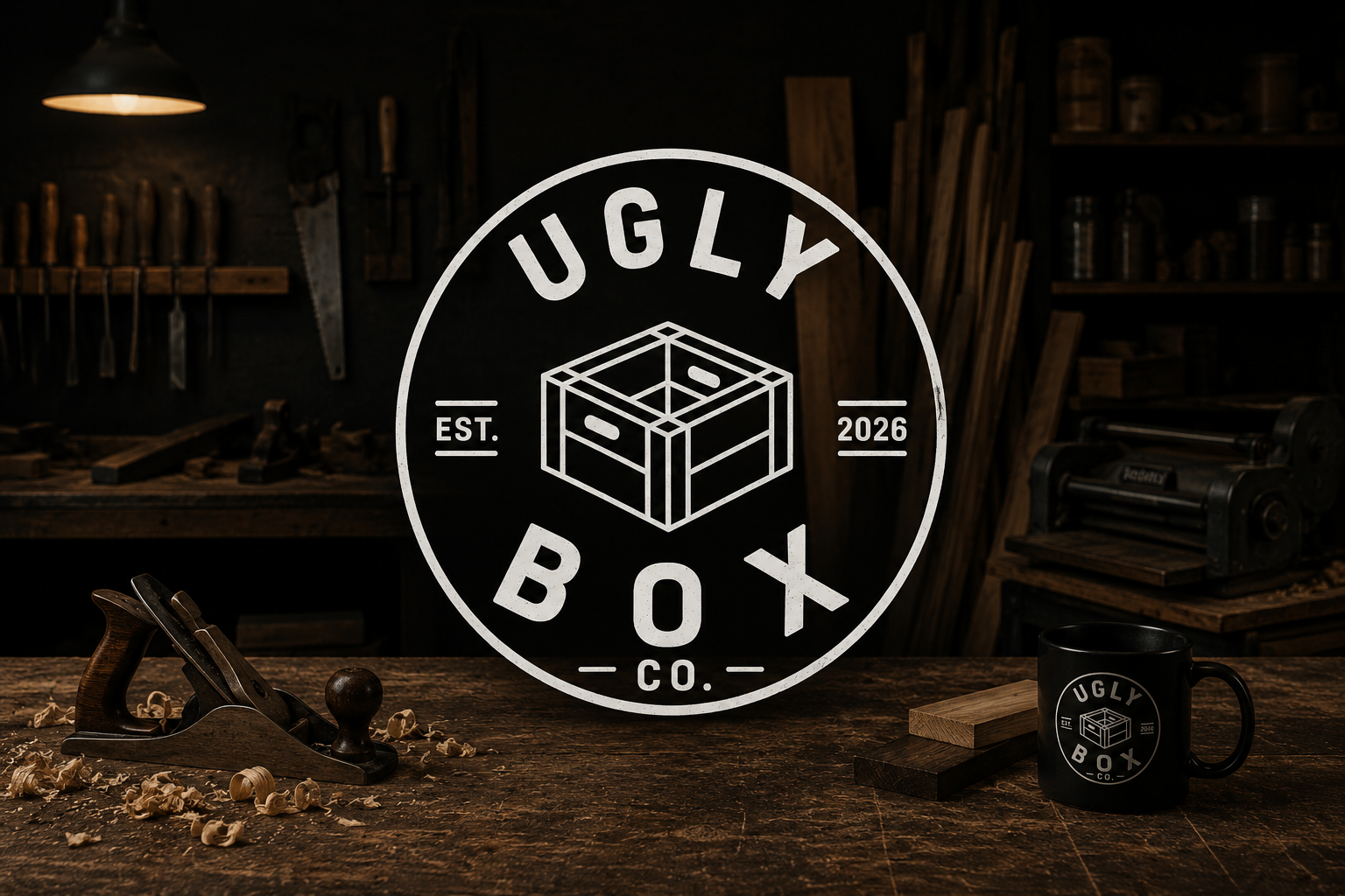 Ugly Box Co apparel in a dark woodworking shop