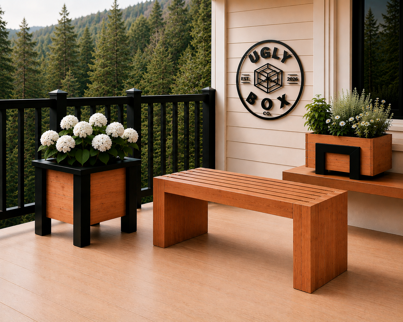 Cedar planter boxes and bench on a deck